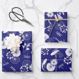 Blue and White Koi Fish in Lotus Pond Pattern Wrapping Paper Sheet