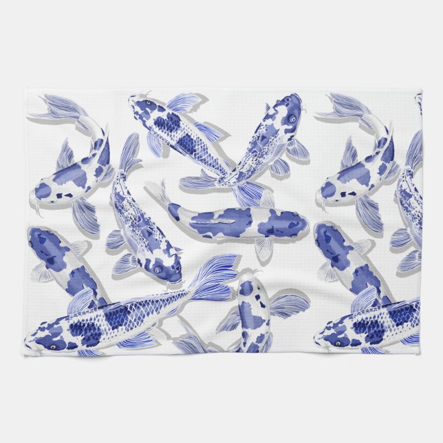 Blue and white Koi Tea Towel (Horizontal)