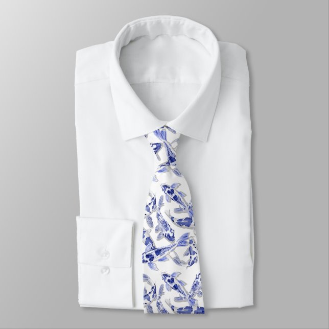 Blue and white koi tie (Tied)