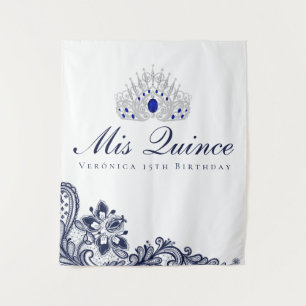 Blue and White Lace Quinceanera Backdrop Tapestry