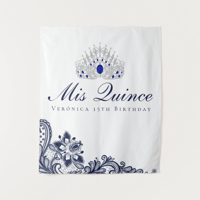 Blue and White Lace Quinceanera Backdrop Tapestry (Front)