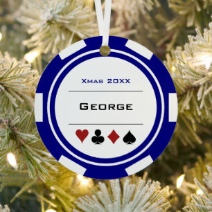 Blue and White Las Vegas Poker Chip Christmas Metal Tree Decoration