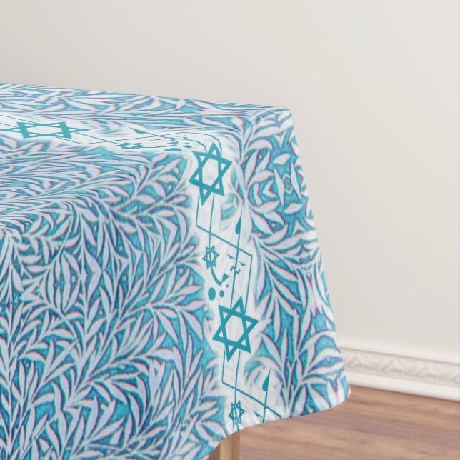 Blue and White Leafy Star of David Border Tablecloth (In Situ)