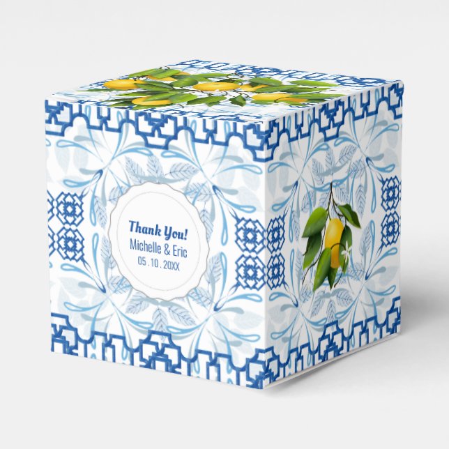 Blue and White Lemon Mediterranean Wedding Favour Box (Front Side)