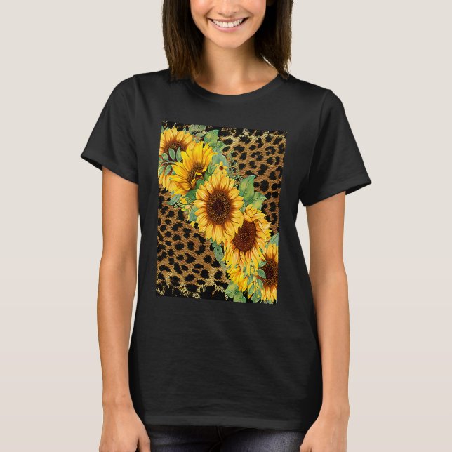 Blue and White Leopard Pattern White Flower T-Shirt (Front)