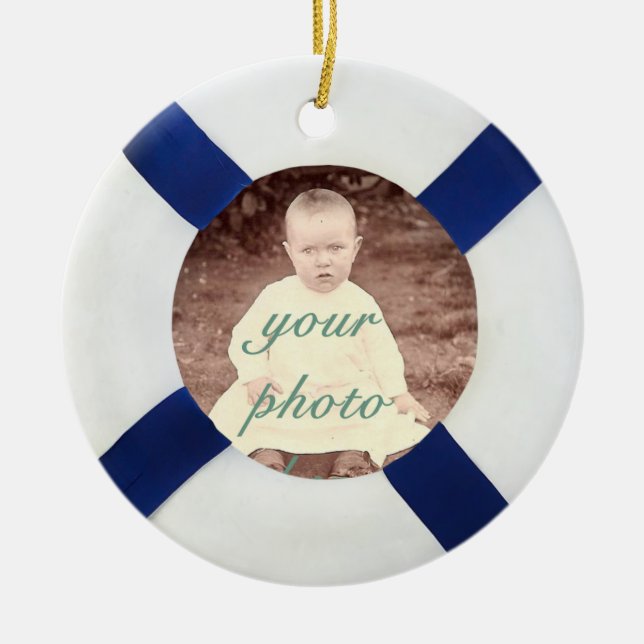 Blue and White Life Preserver Photo Frame Ceramic Tree Decoration (Front)