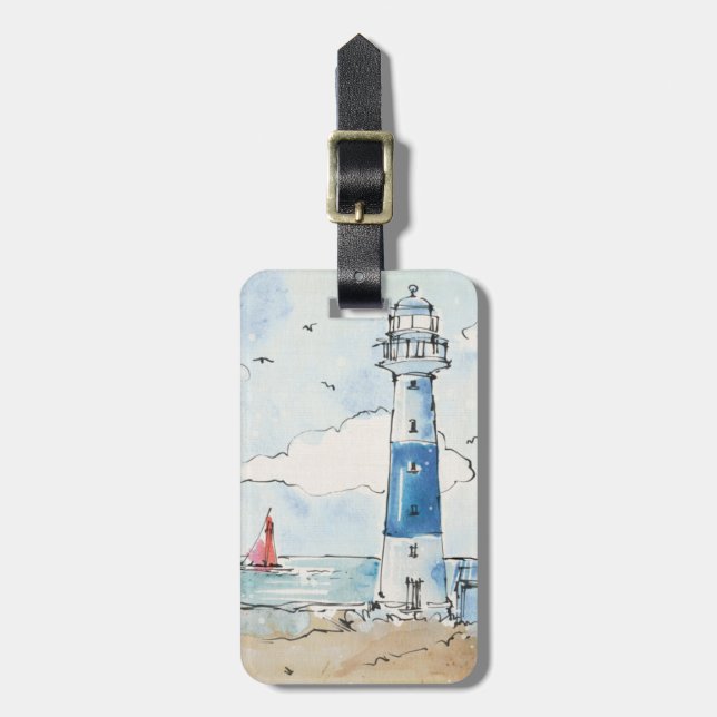 Blue and White Lighthouse Luggage Tag (Front Vertical)