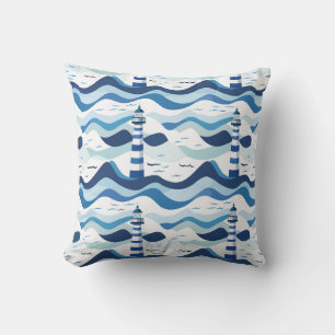 Blue and White Lighthouse Nautical  Cushion