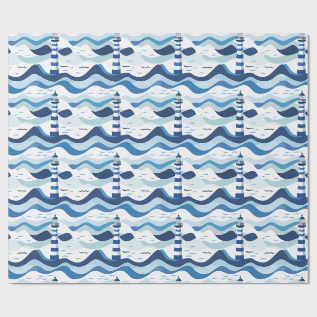 Blue and White Lighthouse Nautical  Wrapping Paper (Flat)