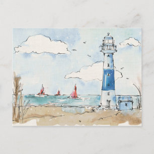 Blue and White Lighthouse Postcard