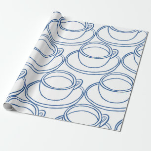 Blue and white line art tea-cups wrapping paper