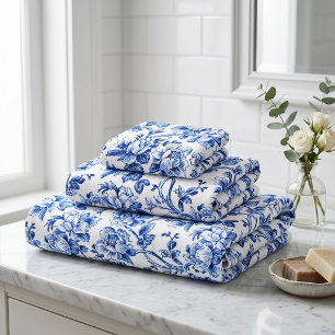 Blue and White Magnolias Toile de Jouy Bath Towel Set