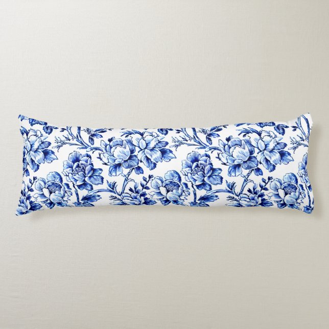 Blue and White Magnolias Toile de Jouy Body Cushion (Front)