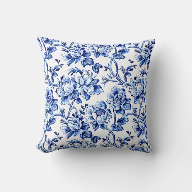 Blue and White Magnolias Toile de Jouy Cushion (Front)