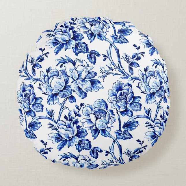 Blue and White Magnolias Toile de Jouy Round Cushion (Front)