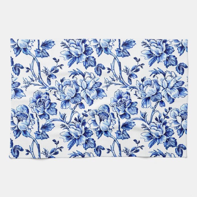 Blue and White Magnolias Toile de Jouy Tea Towel (Horizontal)