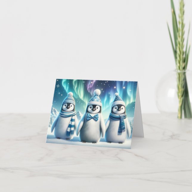 Blue and White Majestic Christmas Penguins Thank You Card (Front)