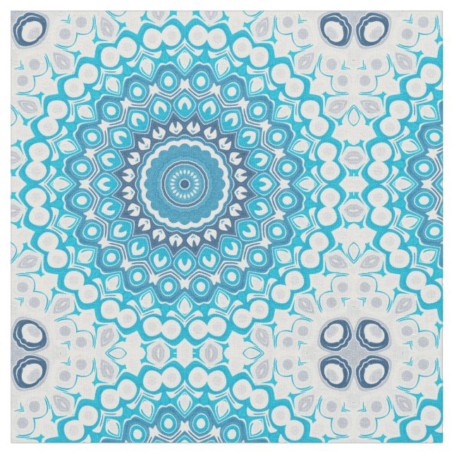 Blue and White Mandala Frosted Winter Geometric Fabric (Close Up)