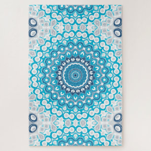 Blue and White Mandala Frosted Winter Geometric Jigsaw Puzzle