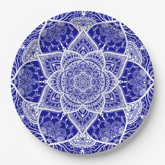 Blue and White Mandala - Loergann in Sapphire Paper Plate (Front)