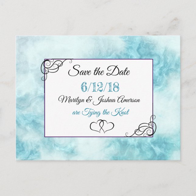 Blue and White Marbled Save the Date Postcard (Front)