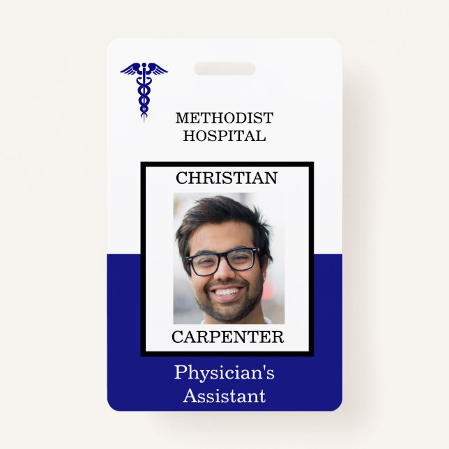 Blue and White Medical Facility Photo Name ID Badge (Front)