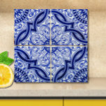 Blue and White Mediterranean Azulejo Pattern Tile<br><div class="desc">Fresh as a summer breeze! Add style and sophistication to your kitchen, bathroom or fireplace surround with this lovely blue and white ceramic tile, featuring a traditional Mediterranean Azulejo pattern. In the spirit of the finest Portuguese, Spanish and Moroccan vintage tiles, the motif is a pleasing array of geometric lines...</div>