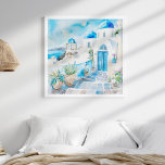 Blue and White Mediterranean Santorini Travel Art Poster<br><div class="desc">Bring the charm of the Mediterranean into your home with the "Watercolor Mediterranean Santorini Travel Art Poster." This stunning square artwork captures a picturesque street scene from Santorini, rendered in delicate watercolor techniques. Dominated by vibrant azure and crisp white tones, this piece perfectly encapsulates Greek island life's serene and inviting...</div>