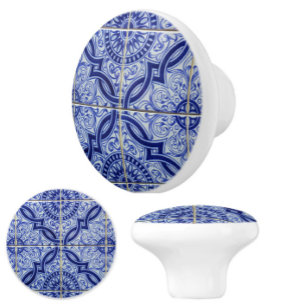 Blue and White Mediterranean Tile Pattern Ceramic Knob