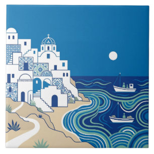 Blue and White Mediterranean Village and Seascape Tile
