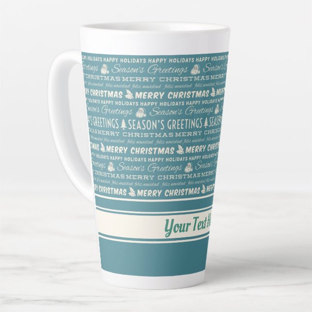 Blue and White Merry Christmas Retro Typography Latte Mug (Left Angle)