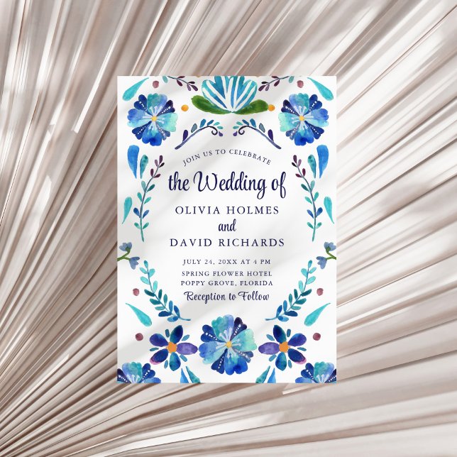 Blue and White Mexican Floral Fiesta Wedding Invitation (Blue and White Mexican Floral Fiesta Wedding Invitation on a sunny neutral dry palm leaf.)