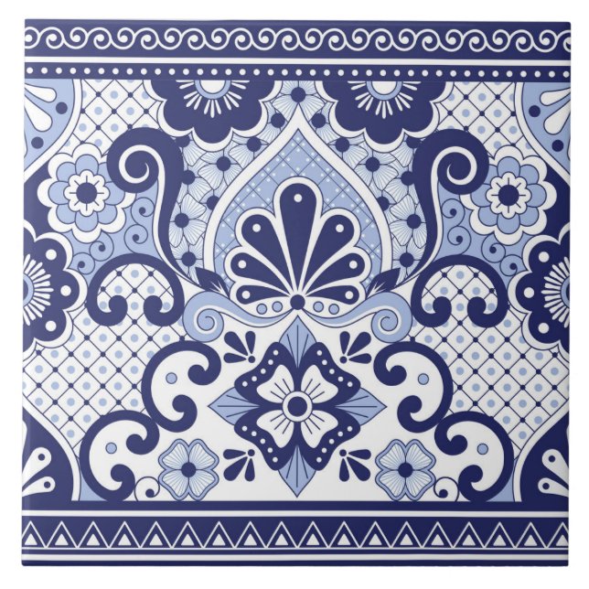 Blue and White Mexican Talavera Folk Art Tile (Front)