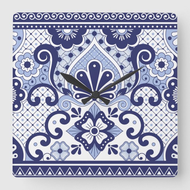 Blue and White Mexican Talavera Folk Art Tile   Square Wall Clock (Front)