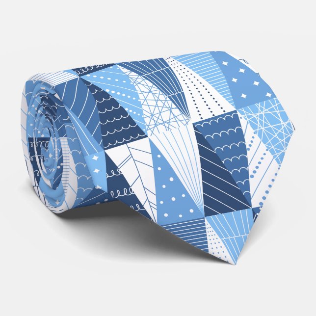 Blue and White Minimalist Christmas Trees Tie (Rolled)
