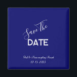 Blue and White Minimalist Wedding Save the Date Magnet<br><div class="desc">.: Minimalist Wedding save-the-date with a beautiful indigo blue background and contrasting white font
.: Completely customizable- change the text,  font,  font size and font color.
.: Coordinating items available
.: Design available in other colors as well.</div>