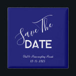 Blue and White Minimalist Wedding Save the Date Magnet<br><div class="desc">.: Minimalist Wedding save-the-date with a beautiful indigo blue background and contrasting white font
.: Completely customisable- change the text,  font,  font size and font colour.
.: Coordinating items available
.: Design available in other colours as well.</div>