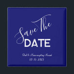 Blue and White Minimalist Wedding Save the Date Magnet<br><div class="desc">.: Minimalist Wedding save-the-date with a beautiful indigo blue background and contrasting white font
.: Completely customisable- change the text,  font,  font size and font colour.
.: Coordinating items available
.: Design available in other colours as well.</div>