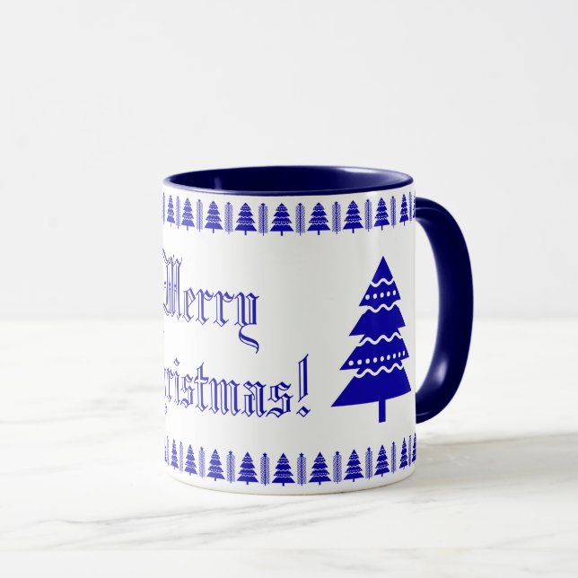 Blue and White Modern Christmas Tree Stars Pattern Mug (Front Right)