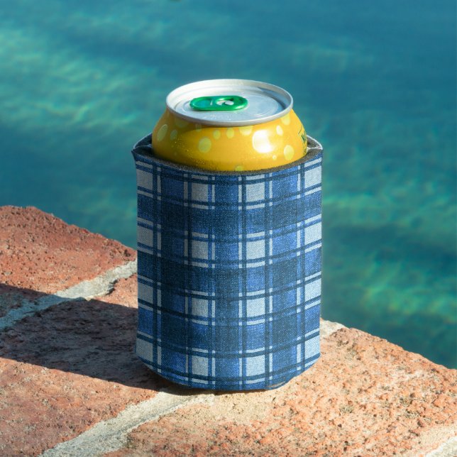 Blue and White Modern Denim Plaid Pattern Can Cooler (In Situ Pool)