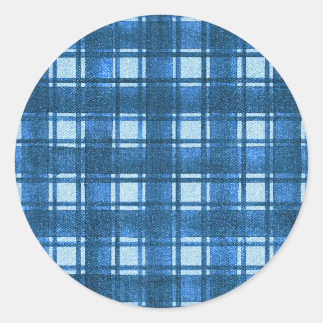 Blue and White Modern Denim Plaid Pattern Classic Round Sticker (Front)