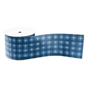 Blue and White Modern Denim Plaid Pattern Grosgrain Ribbon
