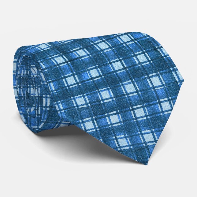 Blue and White Modern Denim Plaid Pattern Tie (Rolled)