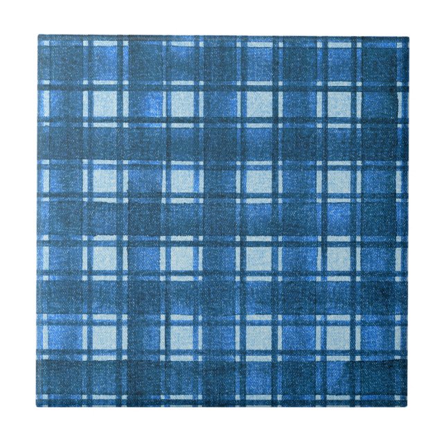 Blue and White Modern Denim Plaid Pattern Tile (Front)