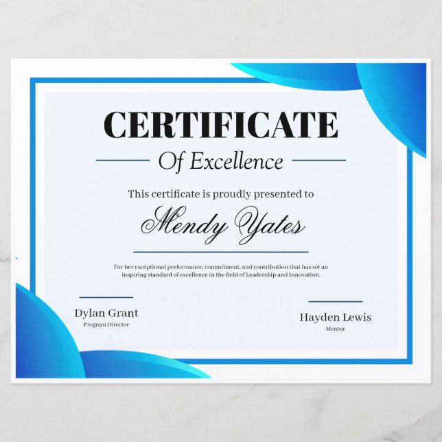 Blue and White Modern Excellence Certificate (Front)