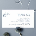 Blue and White Modern Join Us Reception Wedding Enclosure Card<br><div class="desc">Elegant, blue, and white contemporary "Join Us" wedding reception enclosure card, with all text sections open to customisation. Leave the title as "JOIN US" or change it to "RECEPTION", "TIMELINE" or another. Design in a dusty blue background with blue text in a modern elegant typography. Elegant and minimal design with...</div>