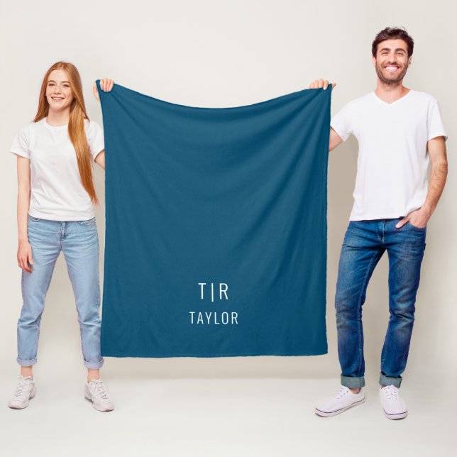 Blue and white modern monogram elegant fleece blanket (In Situ)