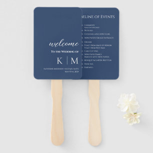 Blue and White-Modern- Monogram-Wedding Program- Hand Fan