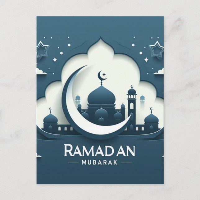 Blue And White Modern Ramadan Mubarak Postcard (Front)