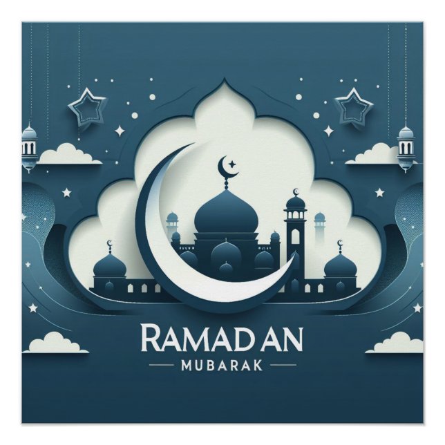 Blue And White Modern Ramadan Mubarak Poster (Front)
